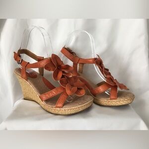 EUC B.O.C. Fun orange leather platform wedge with ankle buckle.